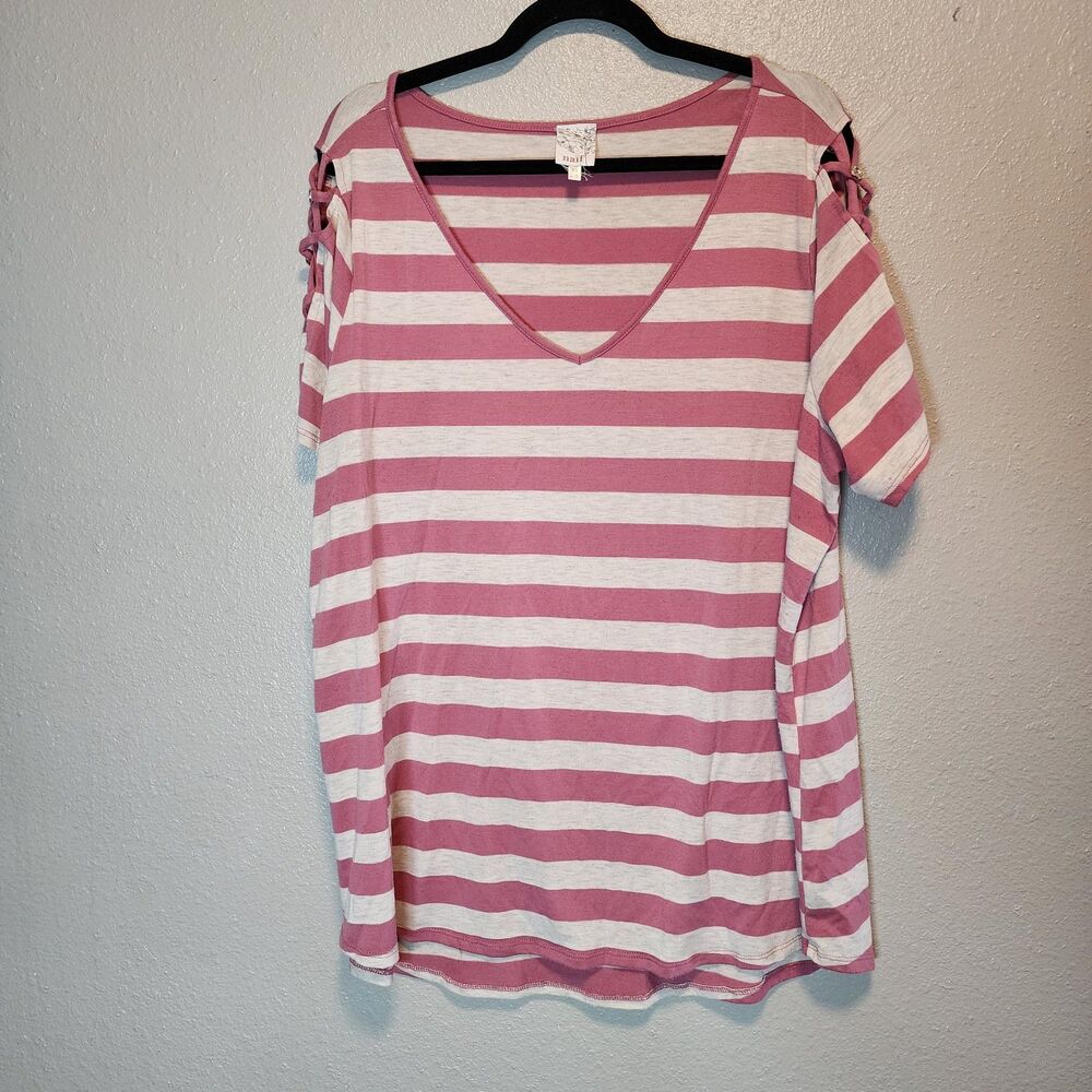 Naïf Pink & Oatmeal Striped Cold Shoulder Tee - Size 3X